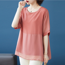 Plus-size womens chiffon shirt womens 2023 summer loose-fitting belly-covering foreign style fashion temperament age-reducing short-sleeved T-shirt small shirt