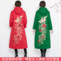 2021 winter clothes new large size womens cotton-padded jacket ethnic style embroidered Phoenix buckle cotton linen long thick cotton coat women