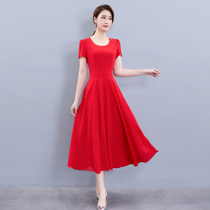 Large size solid color chiffon dress summer 2021 new fashion noble wife short sleeve Red big dress