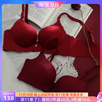 Benming year underwear set womens small chest gathered thickened no steel ring bra sexy collection milk red thin section breathable