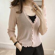 Ice Silk Knit Cardiovert Jersey Summer Short air conditioning Shirt Outer lap slim short jacket wood ear sunscreen Little shawl