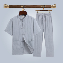 Chinese Wind Suit Men Mulberry Silk Short Sleeve T-shirt Set Clothes Summer Clothing Current cotton linen embroidered cardiovert Two sets