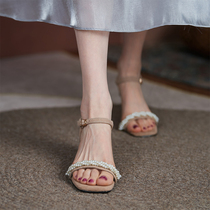 Coarse heel sandals women 2022 New summer with ladies pearls lined with fairy wind crystal clear high heel shoes