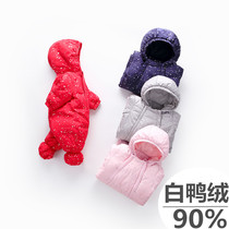 Baby down jacket one-piece winter male and female babies 0-1 years old newborn children with feet and velvet out to hug the tide