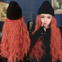 Net red wool hat wig one female wool roll long curly hair dirty orange autumn and winter Korean trend cos hair