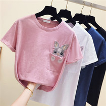 Korean bamboo cotton short-sleeved t-shirt womens 2021 summer new loose cotton rabbit embroidery top ins tide base shirt