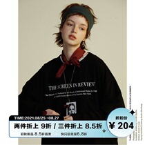 UNVESNO RETRO BLACK PRINTING SPRING COUPLE LOOSE NATIONAL TIDE PURE COTTON LONG-SLEEVED T-SHIRT OVERSIZE
