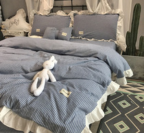 (Q BB) cotton four-piece cotton wash cotton simple Japanese striped lotus leaf quilt cover sheets 1 8m bedding