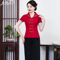 Improved fashion short-sleeved cotton and hemp Tang dress top Short embroidered linen cheongsam suit daily mother dress wedding dress