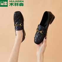 Mullin Sen Lofu shoes womens summer 2021 New coarse heel small leather shoes Middle heel womens shoes Joker black single shoes women