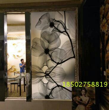 Manufacturers custom simple partition entrance screen laminated art glass clip silk painting background wall tempered ink flowers