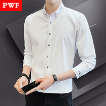 Spring new mens shirts Mens sleeves Embroidered Shirt Jacket Korean Version for Casual Anti-wrinkle White Inch Shirts Trendy