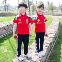 Primary School Children Blue School Uniforms Children Sports Banfu Chinese Wind Short Sleeve Suit Pure Cotton Kindergarten Garden Suit Summer Clothing Red
