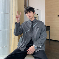 Hualun Spring and Autumn Black and White Small Plaid Shirt Mens Inner Wear Long Sleeves Hong Kong Wind Loose Tide Japanese Student Casual Top