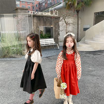  Girls  red strap skirt 2021 spring Korean version of childrens female baby cotton large skirt high waist Western style dress tide