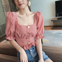 Square collar fine plaid shirt women short summer 2021 new design sense niche hair collar waist chiffon top