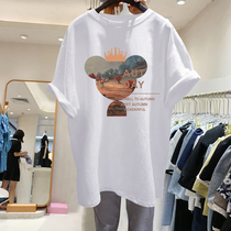 Long T-shirt womens white short sleeves 2021 new summer cotton loose bf European Big version top ins tide