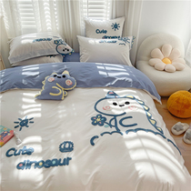 Cartoon Childrens Room Dinosaur Quilt Cover Four-piece Cotton Washed Cotton Towel Embroidered Three-dimensional Cute Boy Bedding