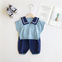 21 Summer Childrens clothes Childrens cotton linen Navy Wind suit Boy girl Girls T-shirt Seven Pants College Wind Garden Suit Korean version 3