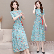 Floral dress womens summer dress 2021 new Maple Leaf temperament waist slim fashion goddess fan chiffon short sleeve long skirt