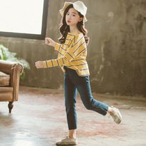Girls  foreign style t-shirt suit middle and large childrens fashionable autumn 2021 new jeans ins Korean childrens two-piece set