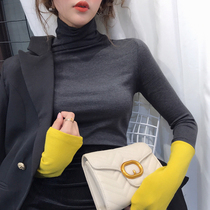 Pile collar high collar bottom jersey woman inside lap 2019 autumn and winter ocean gas 100 hitch European stock plus suede thickened mill t-shirt tide