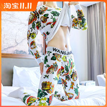 Plus velvet padded thermal underwear set mens autumn and winter youth personality slim cotton round neck mens printed autumn trousers