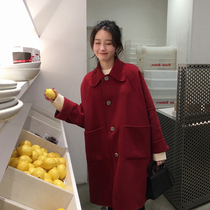 Double face cashmere big coat woman 2021 Winter new high-end Hepburn small sub-life red fur coat