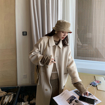 South Korean bifacial cashmere dresses woman 2021 Winter new Korean version Herbenwind long with a knee fur coat