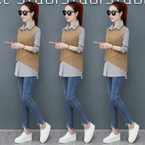 Knitted vest shirt early spring womens clothing 2021 new fashion foreign temperament fake two spring and autumn tops