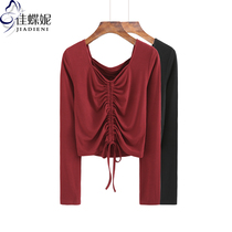 Spring and Autumn new net red with the same square collar drawstring long sleeve body shirt top bottom slim body fit short womens T-shirt