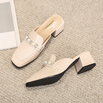 Tide cards Baotou Half slippers Women 2022 Summer new coarse and outer wearing lazy people net red half tohigh heel sandals