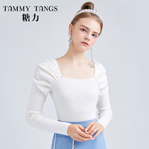 (Mall same section) Sugar spring new white long sleeve square collar to beat bottom-knit cardiovert blouse women thin