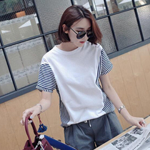 South Korea East Gate summer womens new stripes stitching loose cotton short sleeve womens T-shirt summer clothes