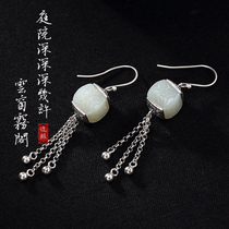 S925 pure silver retro inlaid and field jade white jade flower pattern Ms. Su High-end Ear Pendant