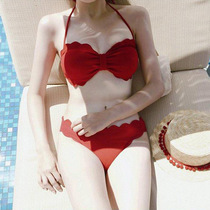 Bikini swimsuit female sense 2021 new three-point size chest gathered red bikini split swimsuit