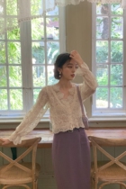 SYT fairy full of lace hook top female autumn 2021 new vintage V-neck petal sleeve shirt