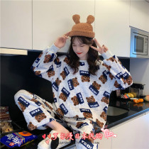 Japan Soft Honeys Autumn Winter Pyjamas Girl Chic Thickened Warm Cute Little Bear Home Suit Suit