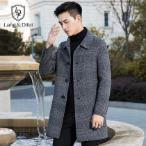 Autumn and winter mens wool coat medium-long double-sided coat Youth plaid cashmere-free slim windbreaker coat tide