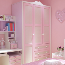 Three door wardrobe combination princess pink wardrobe Korean children Girl bedroom solid wood wardrobe children wardrobe