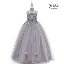 2020 new childrens long dress flower beaded gray princess dress girls catwalk show wedding dress puffy long dress