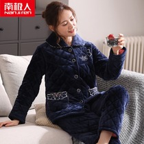 Autumn and winter plus velvet padded pajamas female middle-aged mother three-layer cotton-padded jacket warm winter coral velvet two-piece set