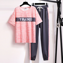 300 catties extra large size loose sports suit female 2020 summer 200 fat mm fashion thin T-shirt two-piece set 230