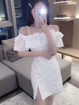  Slim-fit sexy exposed clavicle ruffle split dress Summer first love tie waist thin split hip skirt