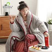 Extended nightgown womens autumn and winter cotton three-layer warm winter pajamas dress thick plus plush coral fleece cotton bathrobe