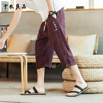 European station tide linen Capri pants men summer thin loose cotton linen pants casual shorts Joker five points shorts