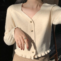SYT gentle fairy beauty wooden ear side collar knitwear top female Autumn New slim short sweater thin