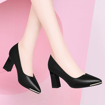 Thick heel single shoes womens high heels 2021 spring new leather shoes Korean version of Joker Pointy shallow mouth set foot spring women