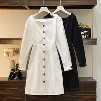 Big woman high-end large size womens clothing 2020 early autumn new fat mm thin age reduction French belly cover-up square collar dress