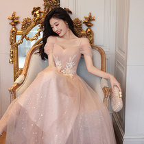 Pink bridesmaid 2021 new summer fairy air senior wedding sister group host evening dress dress female spring and autumn